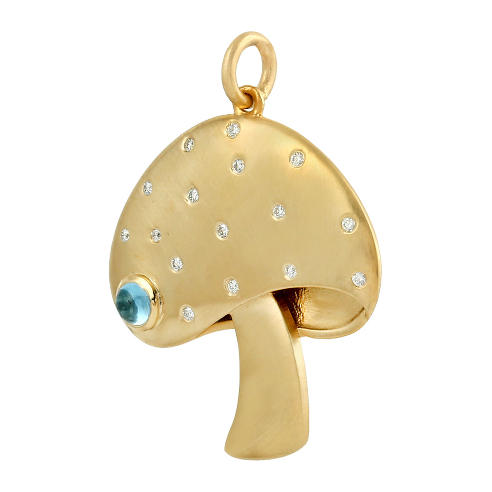 Blue Topaz Bezel Set Diamond Mushroom Pendant In 14K Yellow Gold For Gift