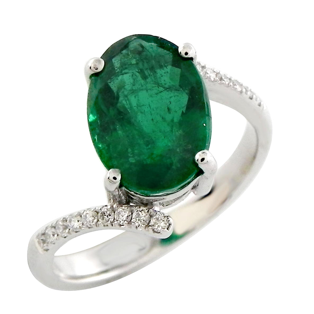 Handmade Oval Cut Emerald Pave Diamond By Pass Ring in 18k White Gold sale