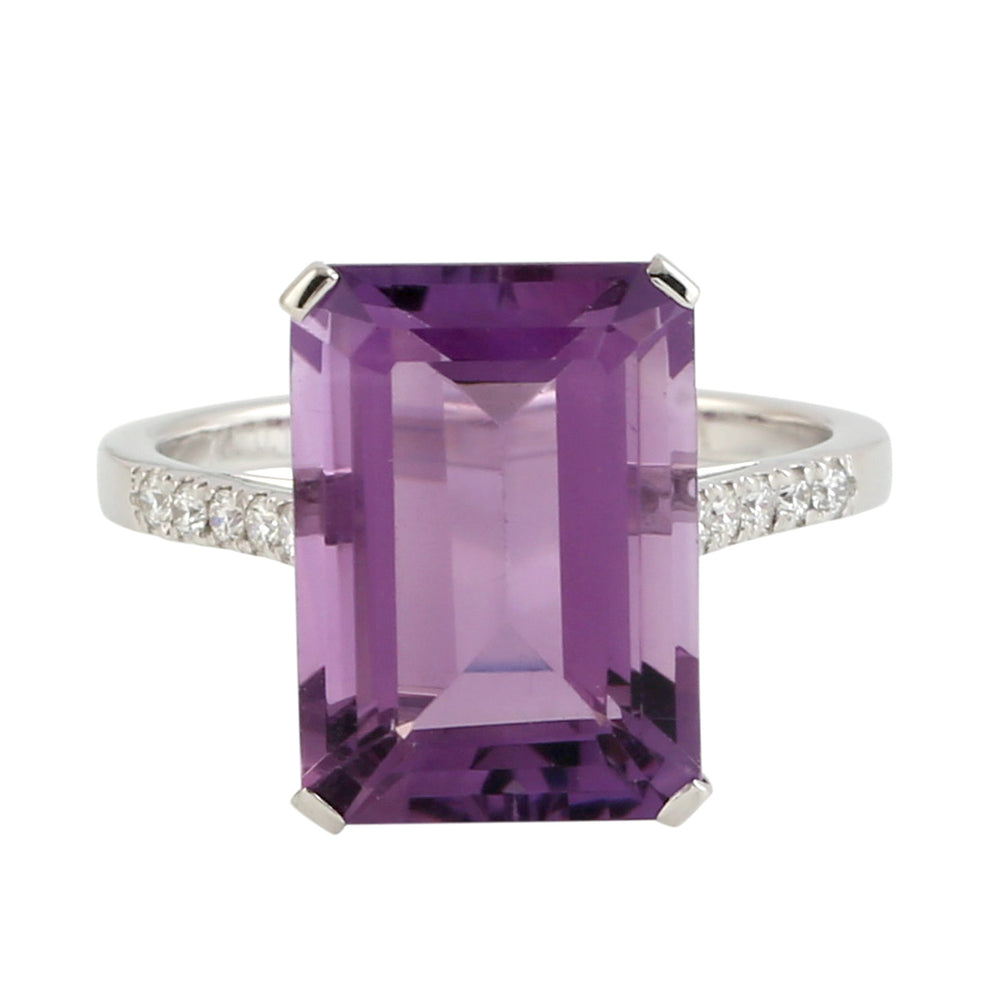 18k White Gold Amethyst Ring Diamond Handmade Jewelry