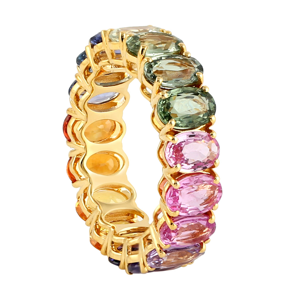 18k Yellow Gold Oval Multicolor Sapphire Gemstone Band Ring For Wedding Gift