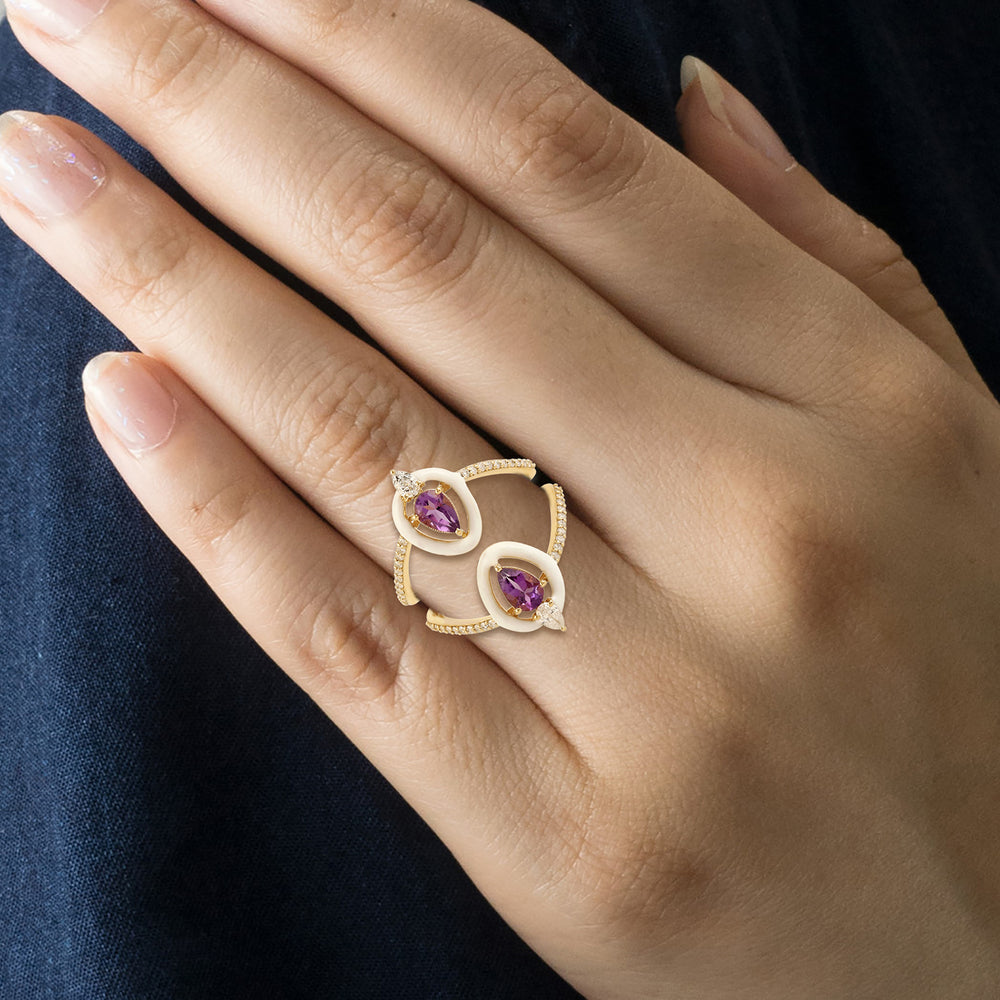 14k Yellow Gold Micro Pave Diamond Pear Cut Amethyst Enamel Designer Ring
