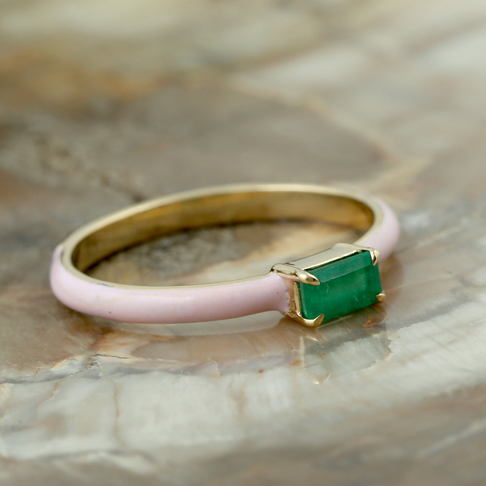 Baguette Emerald May Birthstone Enamel Stone Band Ring In 14k Yellow Gold