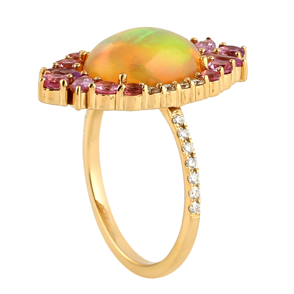 Opal Ethiopian Pink Sapphire Diamond Beautiful Cocktail Ring In 18k Yellow Gold