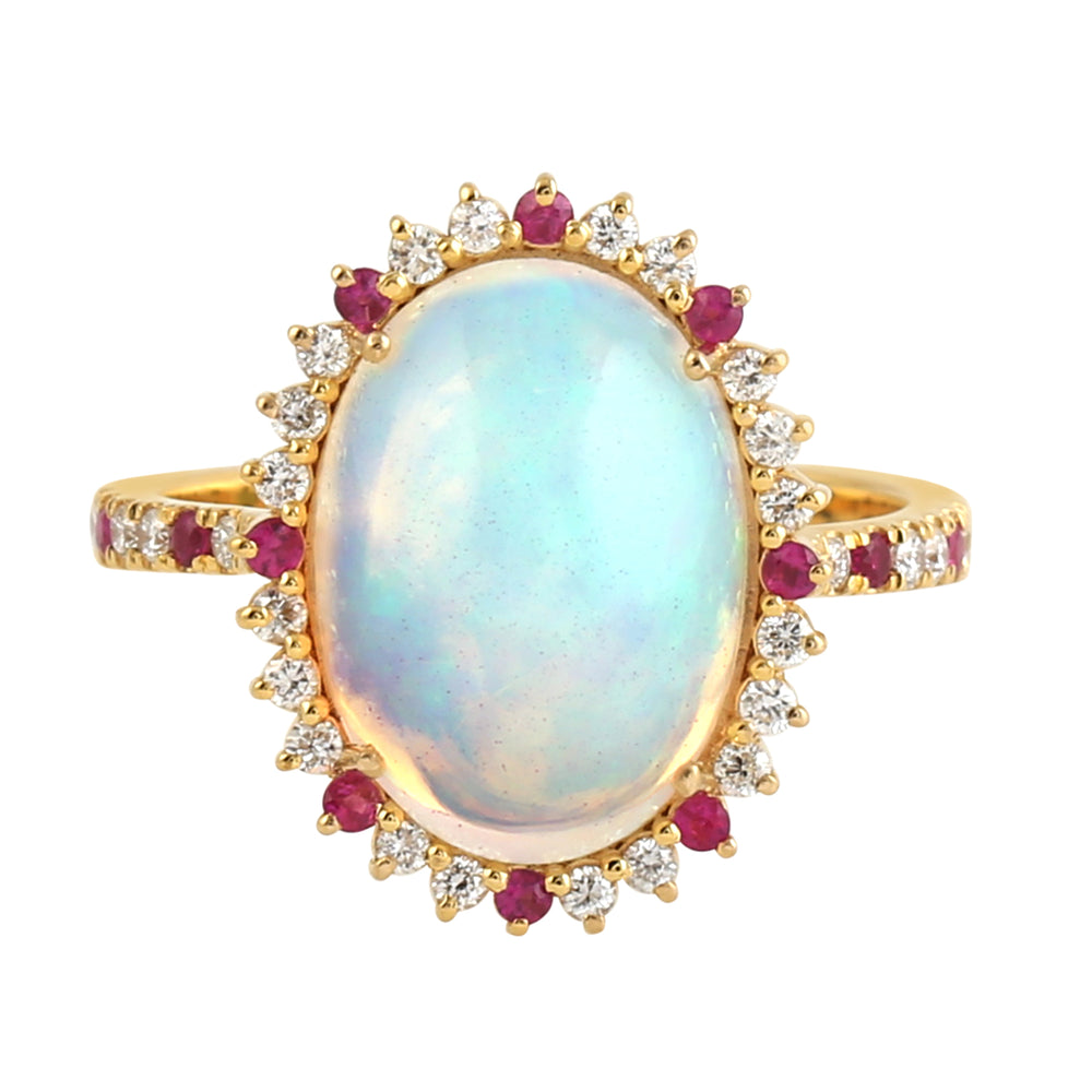 Natural Diamond Ruby Ethiopian Opal Engagement Ring in 18k Yellow Gold