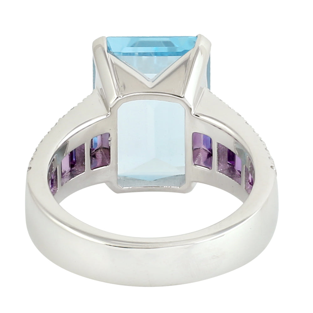 Blue Topaz Amethyst Diamond  18k White Gold Cocktail Ring