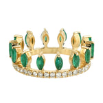 Natural Marquise Emerald Diamond Tiara Design 18k Yellow Gold Ring