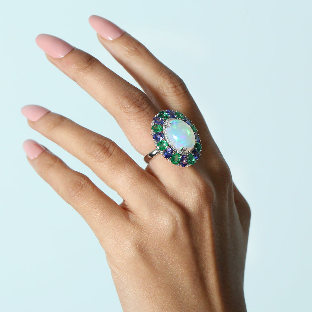 Pave Diamond Opal Ethopian Oval Tanzanite Emerald Cocktail Ring In 18k White Gold For Her
