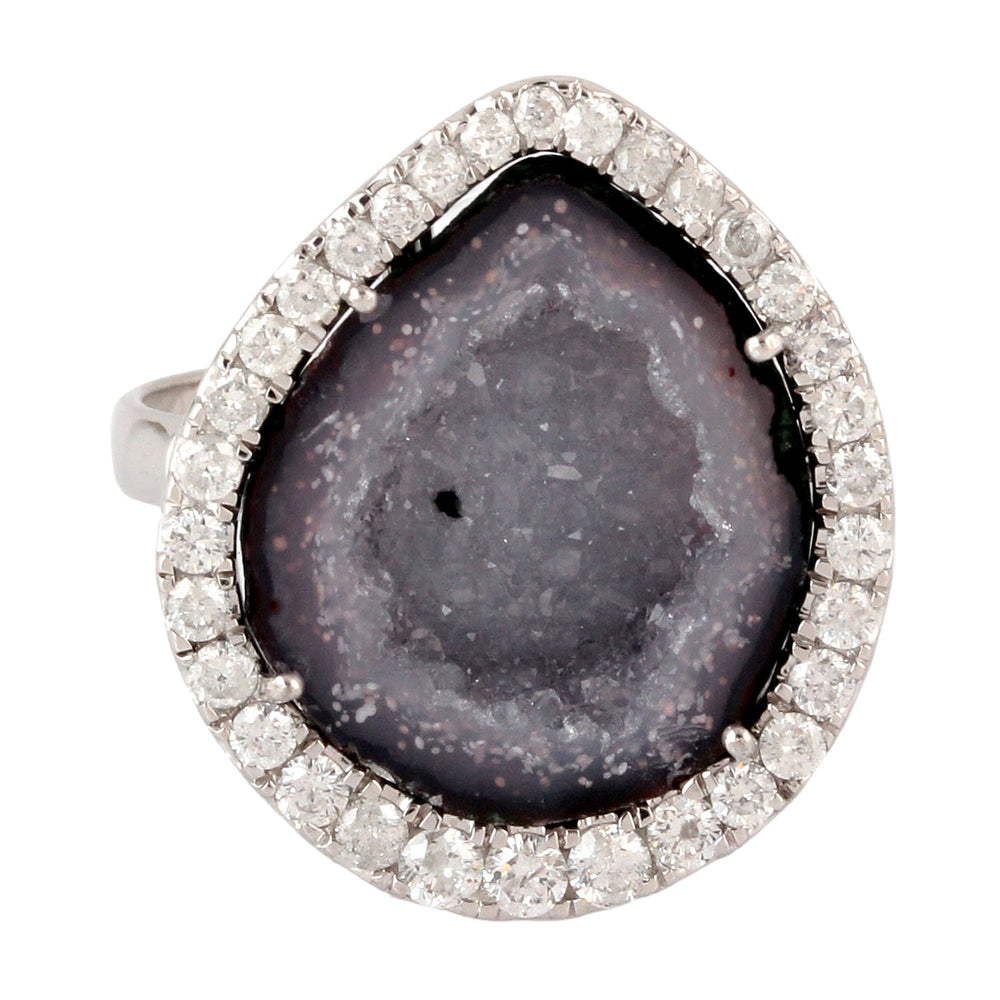 Solid 18k White Gold Geode Diamond Gemstone Cocktail Ring