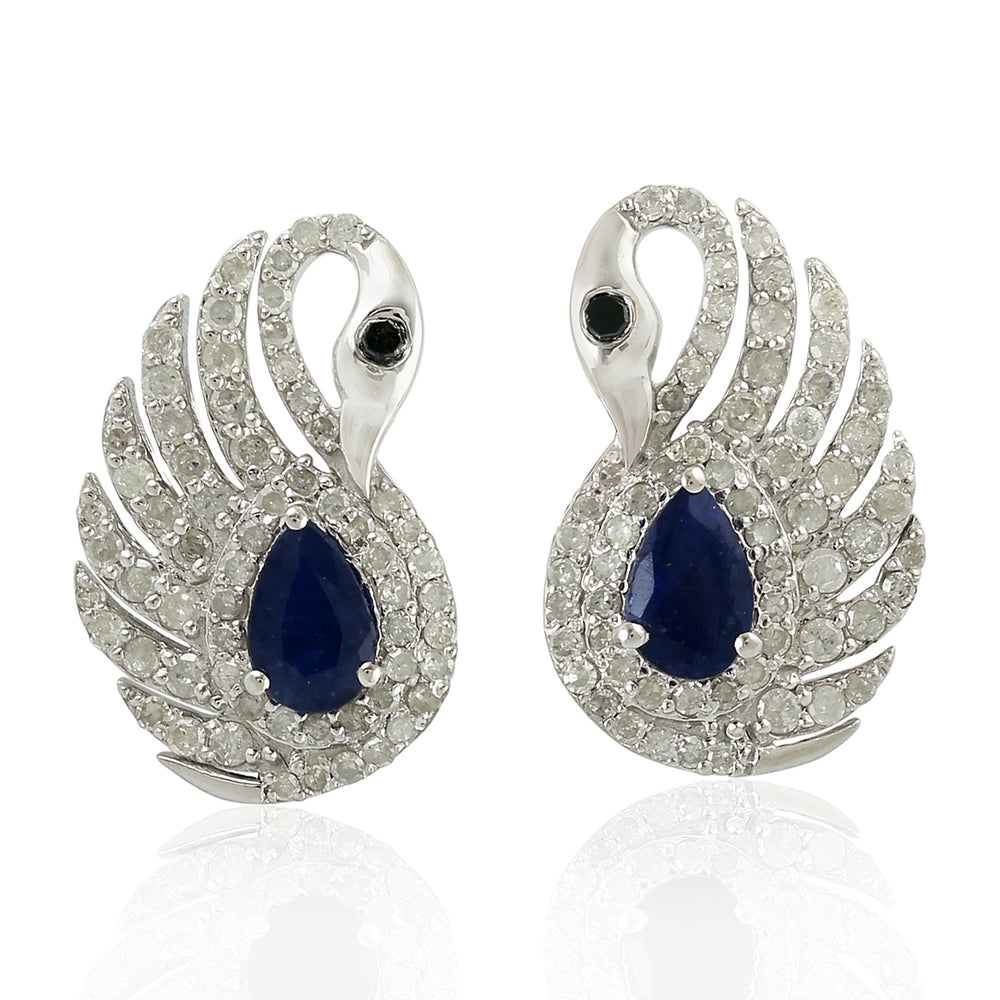 Blue Sapphire Pave Diamond Swan Design Stud In White Gold Sterling Silver
