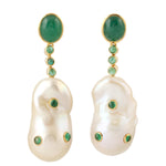 Pearl Chinese Emerald Handmade Designer Danglers In 18k Gold