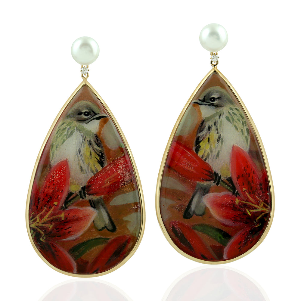 Natural Pearl Diamond 18k Yellow Gold Handpainted Bird Bakelite Earrings Gift