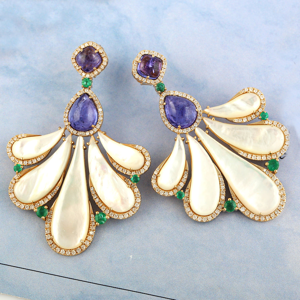 Natural Tanzanite Pave Diamond, Emerald & MOP Gemstone Leaf Design Danglers In 18k Yellow Gold