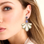 Natural Tanzanite Pave Diamond, Emerald & MOP Gemstone Leaf Design Danglers In 18k Yellow Gold