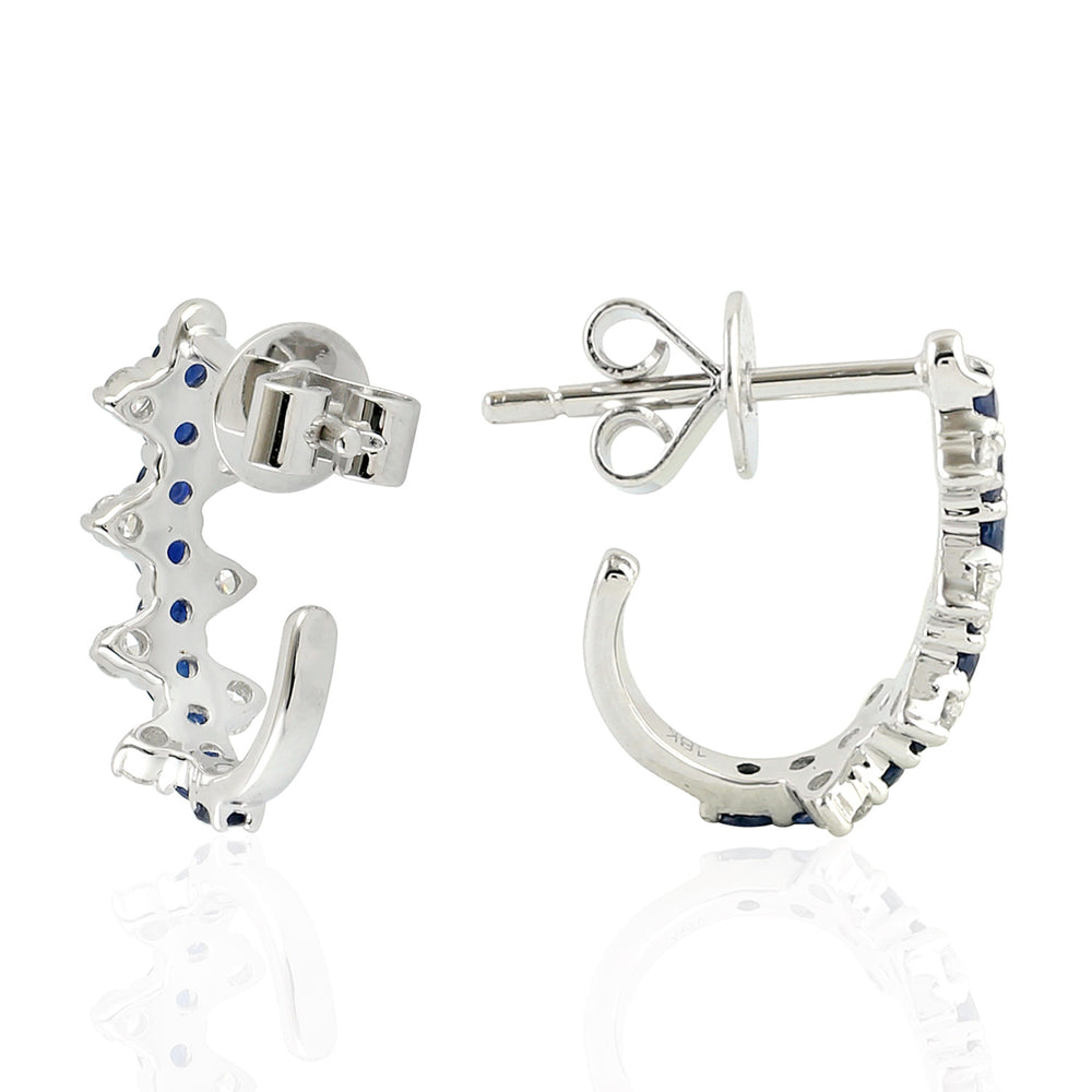 Natural Blue Sapphire Diamond J Design Stud Earrings In 18k White Gold