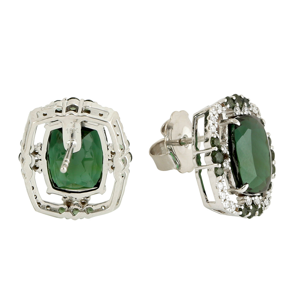 Green Tourmaline Pave Diamond Halo Stud Earrings In 18k White Gold