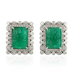 Natural Diamond Rectangle Carved Emerald Danglers in 18k White Gold