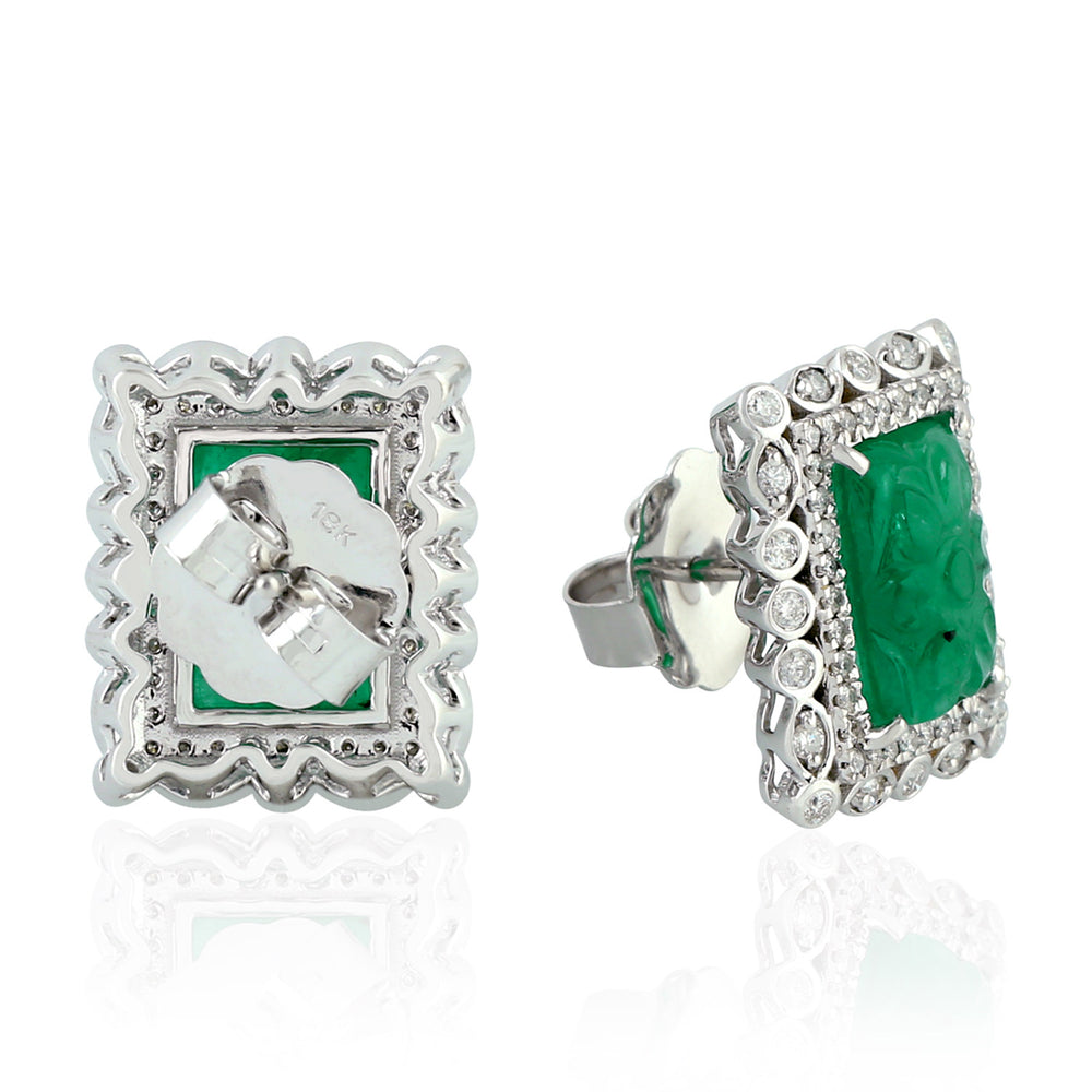 Natural Diamond Rectangle Carved Emerald Danglers in 18k White Gold