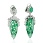 Natural Emerald Sapphire Diamond Carved Jade Filigree Danglers In 18k White Gold