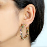 Beautiful Multi Tourmaline & Sapphire Colorful Cluster Long Hoop Earrings in 18k Gold