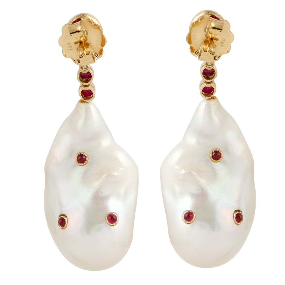 Pearl Dangle Earrings 18k Gold Natural Ruby Gemstone Handmade Jewelry