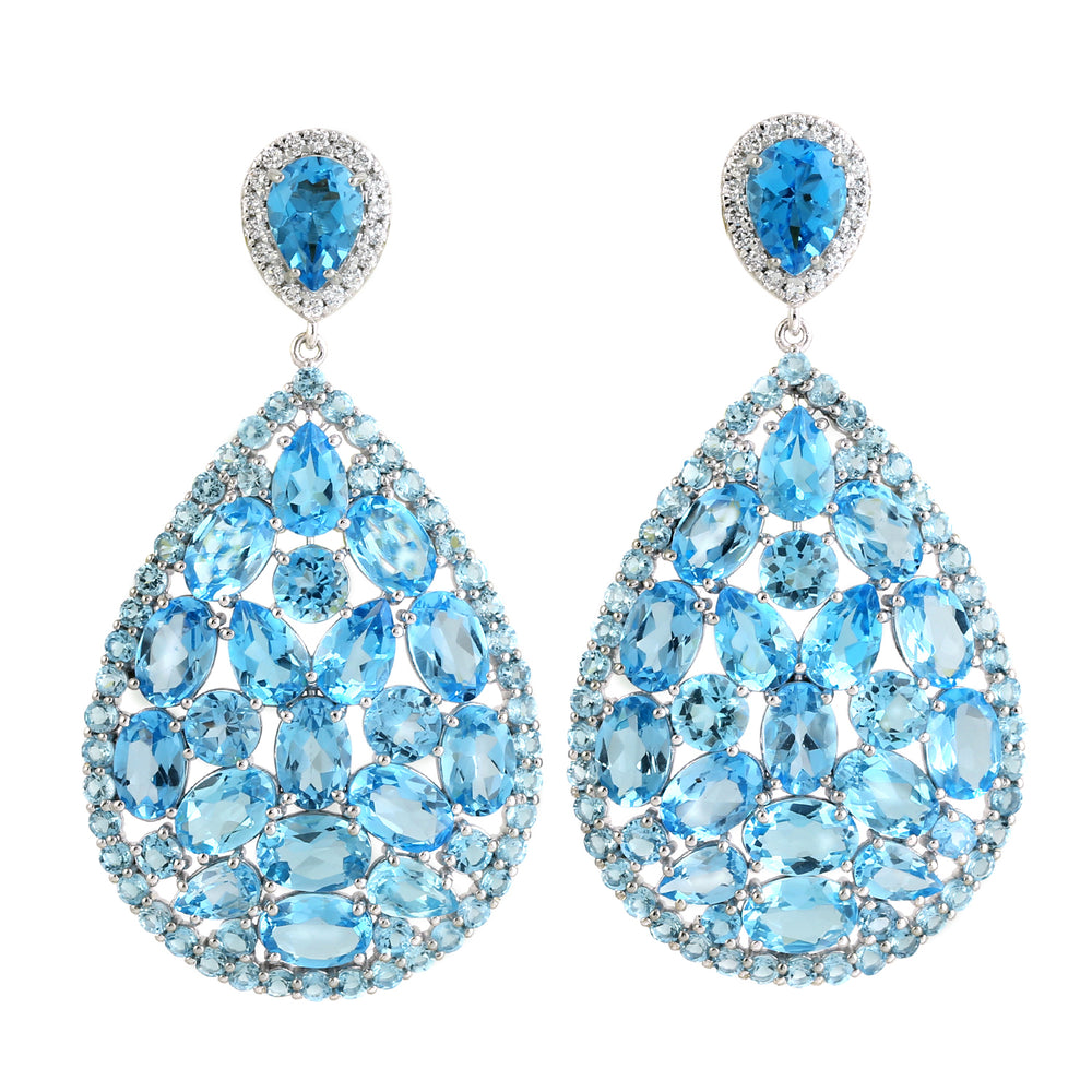 Natural Blue Topaz Cluster Design Danglers In 18k White Gold Wedding Jewelry