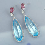 Natural Pin Tourmaline Pave Diamond Tear Drop Topaz Dangle Earrings jewelry In 18k White Gold