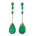 Natural Emerald Pave Diamond Long Drop Dangle Earrings In 18k White Gold