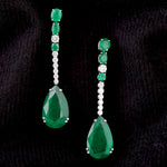 Natural Emerald Pave Diamond Long Drop Dangle Earrings In 18k White Gold