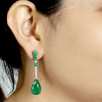 Natural Emerald Pave Diamond Long Drop Dangle Earrings In 18k White Gold