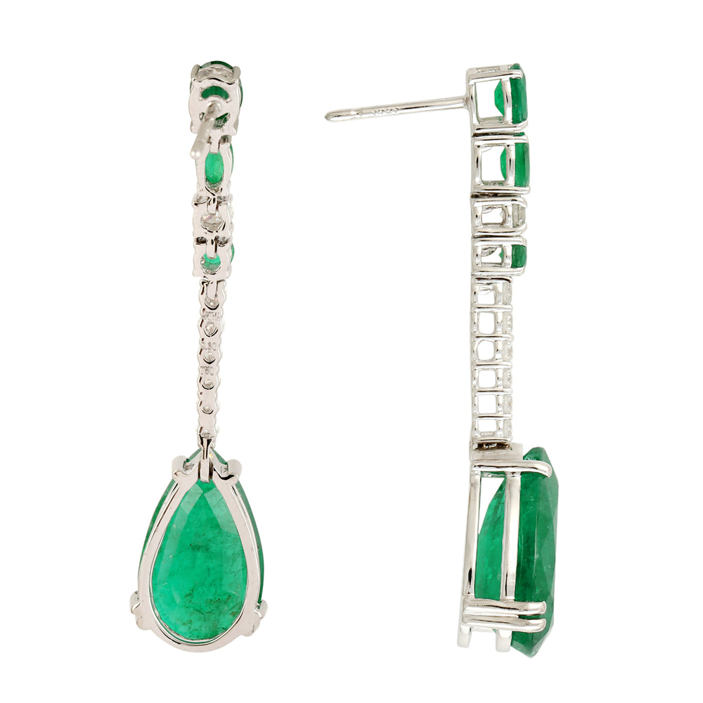 Natural Emerald Pave Diamond Long Drop Dangle Earrings In 18k White Gold