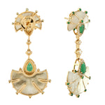 14k Yellow Gold Carved MOP & Pear Emerald Diamond Designer Danglers For Her