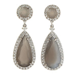 Moonstone Pave Diamond Tear Drop Dangle Earrings In 18k White Gold