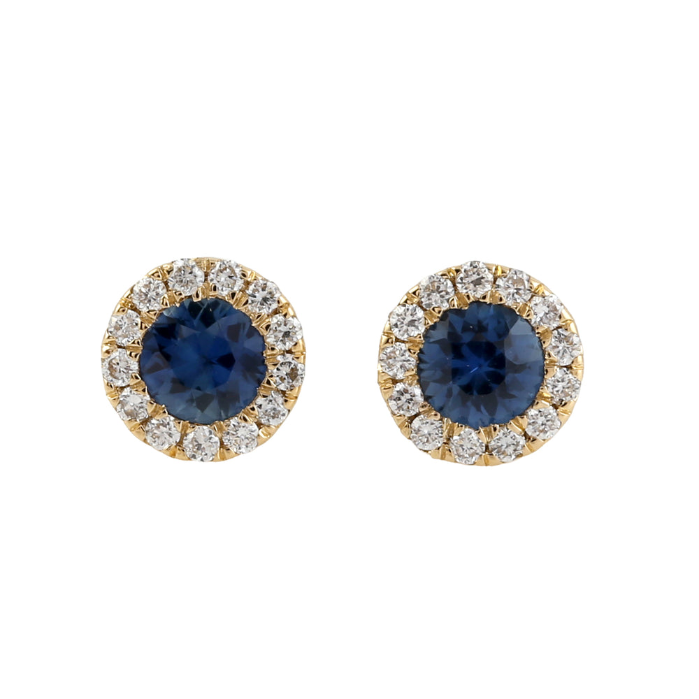 Solid 18k Yellow Gold Sapphire Diamond Halo Stud Earrings