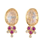 Faceted Moonstone Sapphire Diamond Stud Earrings In 18k Gold