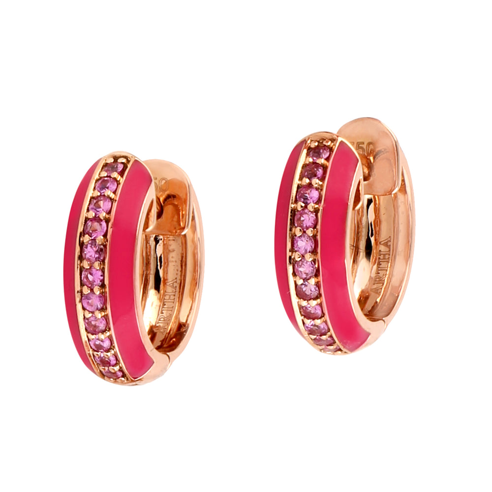 Pink Sapphire September Birthstone Enamel Hoop Earrings in 18k Rose Gold