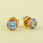 Natural Topaz Pave Sapphire Diamond Round  Stud Earrings In 18k Yellow Gold