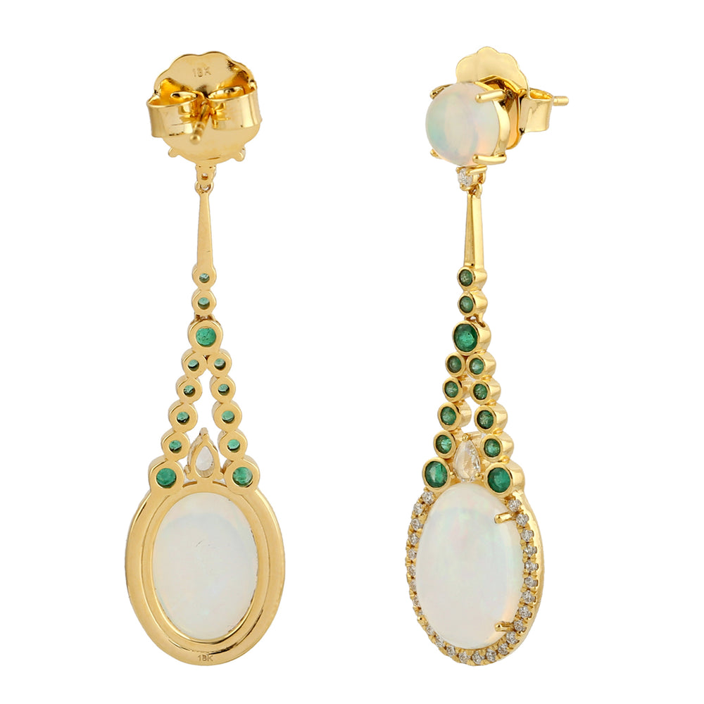 Oval Opal Ethiopian Bezel Set Emerald Pave Diamond Designer Danglers in 18k Yellow Gold