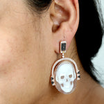 Pave Black & White  Diamond Shell Cameo Skull MisMatch Danglers 18k Halloween Jewelry