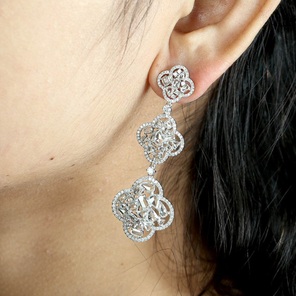 Natural Pave Diamond Cluster Danglers In Solid 18k White Gold