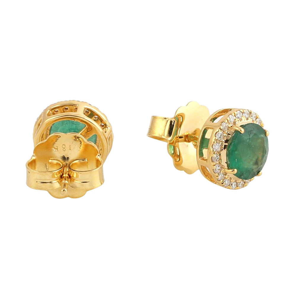 Round Emerald & Diamond Minimal Stud Earrings In 18k Yellow Gold