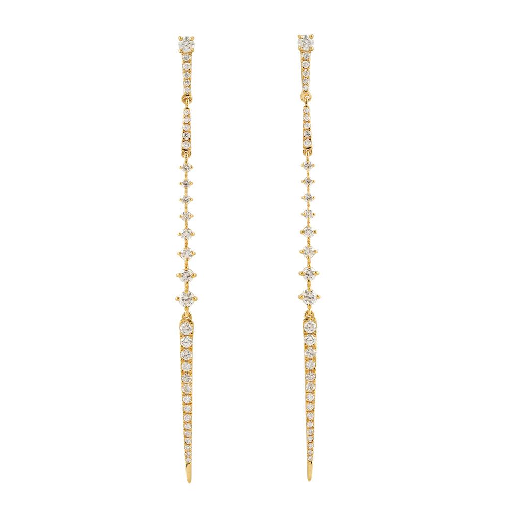 Natural Pave Diamond Beautiful Long Drop Delicate Earrings In 18k Yellow Gold