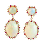 Natural Ruby Diamond & Opal Danglers Weddings Gift In 18k Yellow Gold