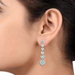 Heart Shape Aquamarine March Birthstone Diamond Long Drop Earrings In 18k White Gold