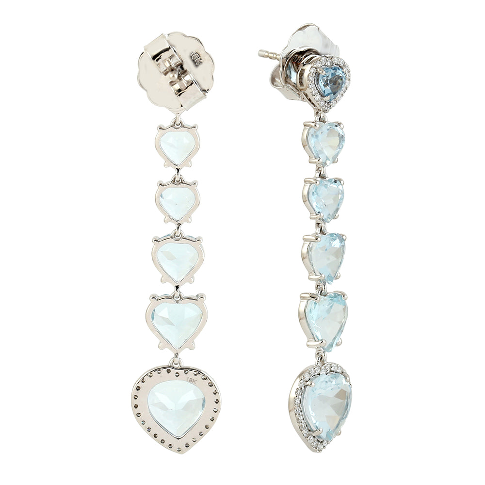 Heart Shape Aquamarine March Birthstone Diamond Long Drop Earrings In 18k White Gold