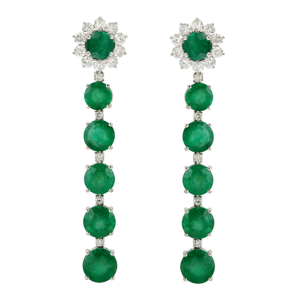 Round Emerald Pave Natural Diamond Bridal Drop Danglers In 18k White Gold Jewelry