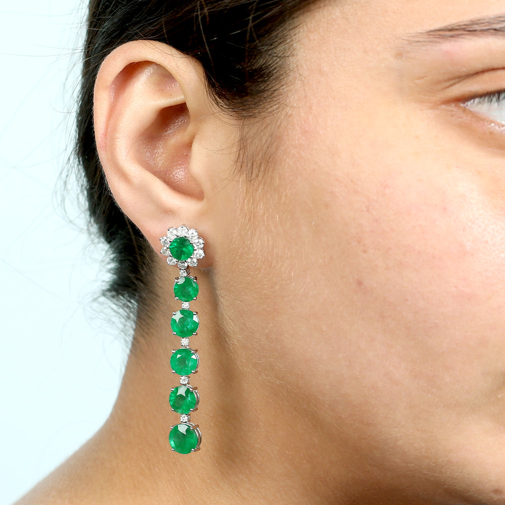 Round Emerald Pave Natural Diamond Bridal Drop Danglers In 18k White Gold Jewelry