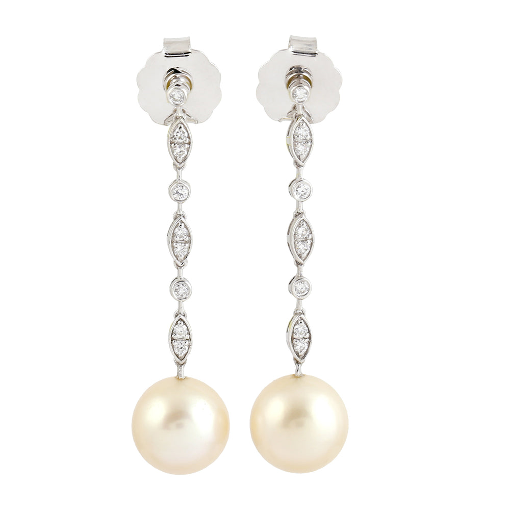 Natural Diamond Pearl Drop Long Earrings 14k White Gold