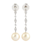 Natural Diamond Pearl Drop Long Earrings 14k White Gold