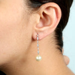 Natural Diamond Pearl Drop Long Earrings 14k White Gold