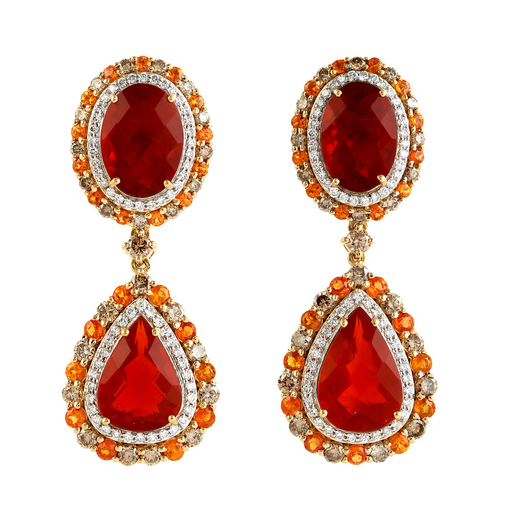 Opal Fire Garnet Natural Diamond Wedding Gift Danglers In 18k Yellow Gold